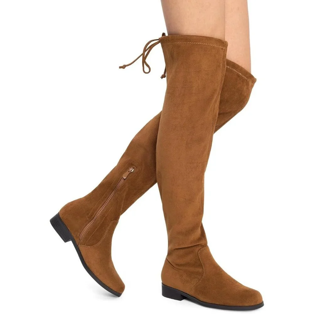 Women's Tan-suede Thigh High Low Block Heel Casual Fashion Over the Knee Boots